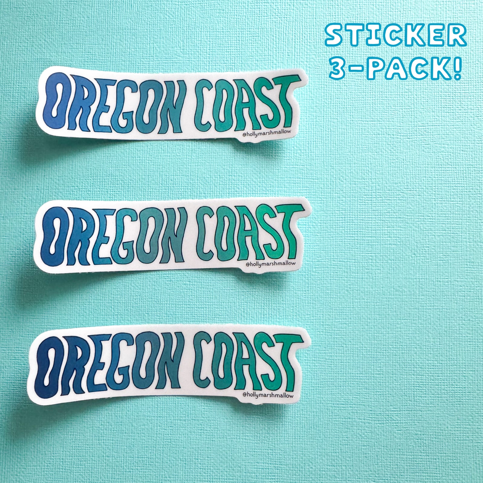 Three 'OREGON COAST' stickers on a teal background with text indicating a 3-pack.