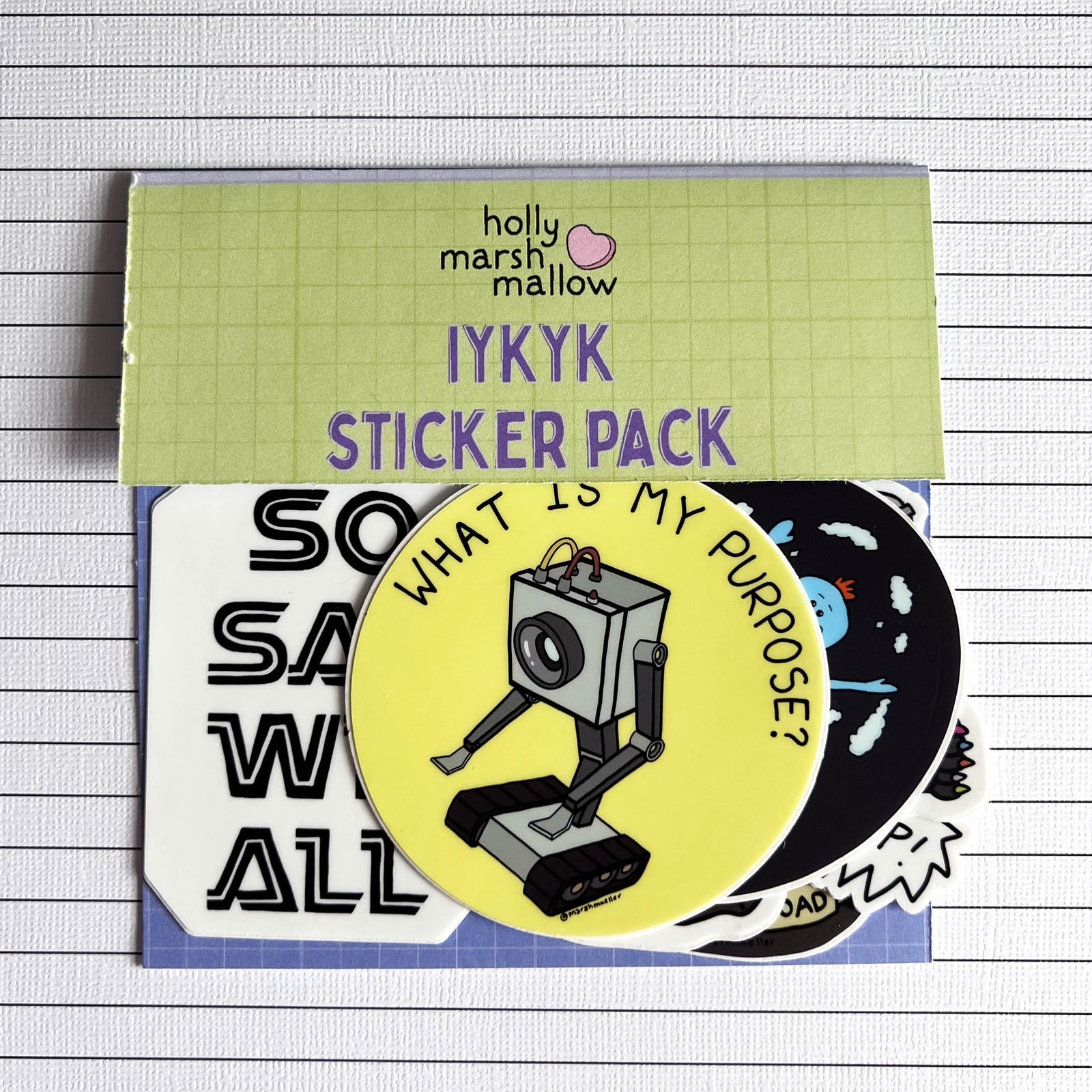 Pack of stickers with a header card titled "IYKYK Sticker Pack"