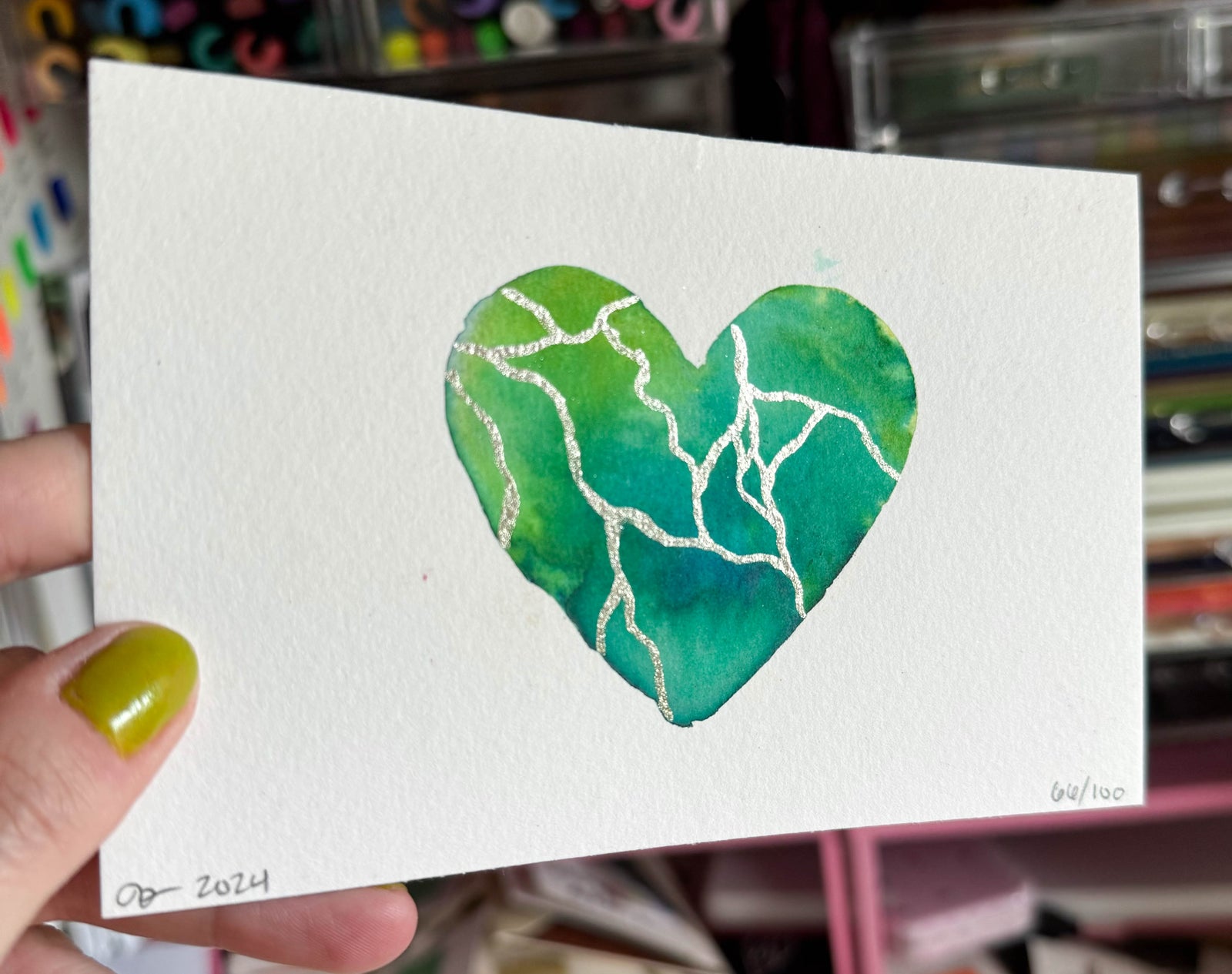 Breathe - Original Painting #66 - 4x6 Green/Teal/Silver