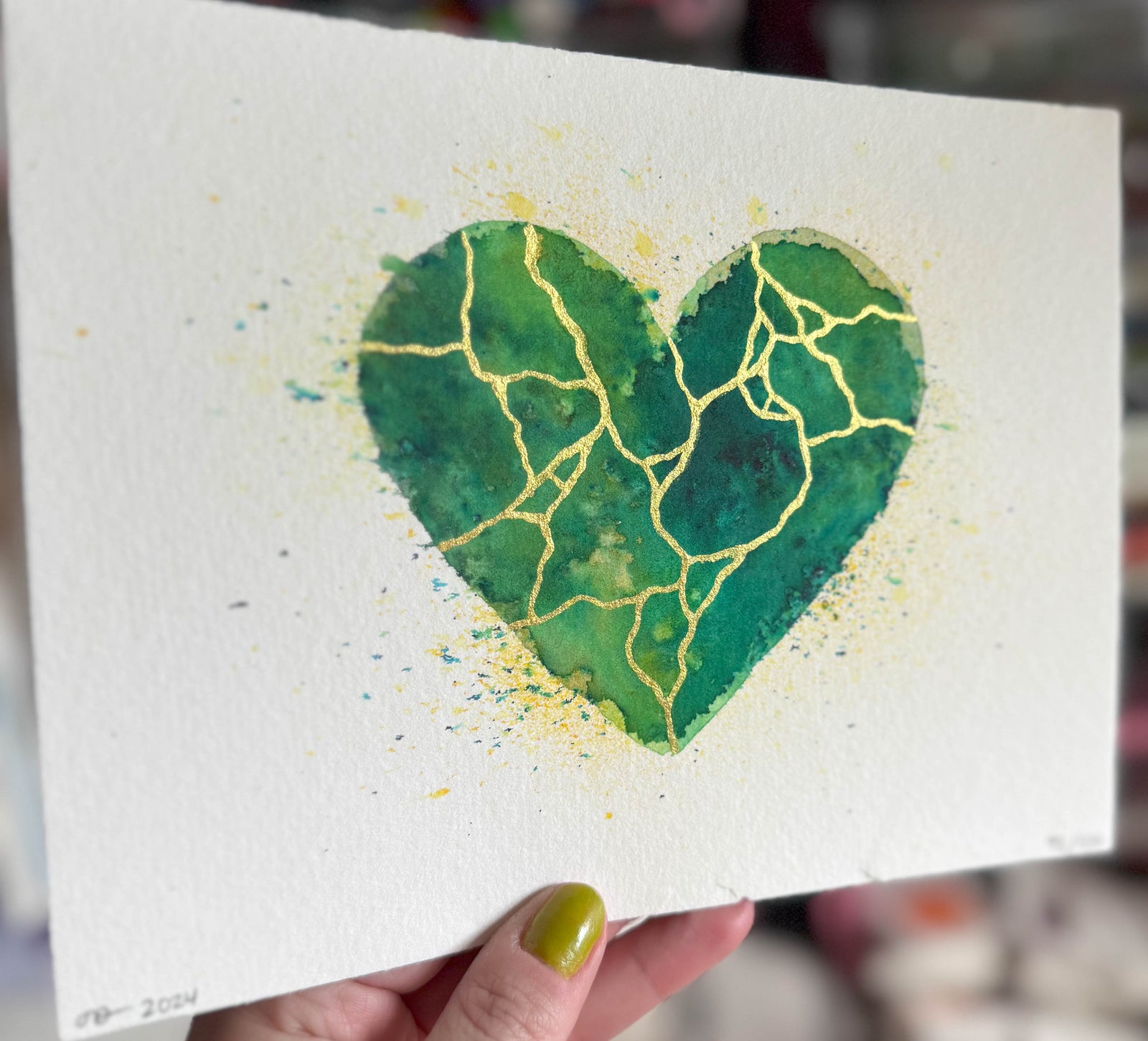 Skipping Like A Stone - Original Painting #92 - 6x8 Green/Gold