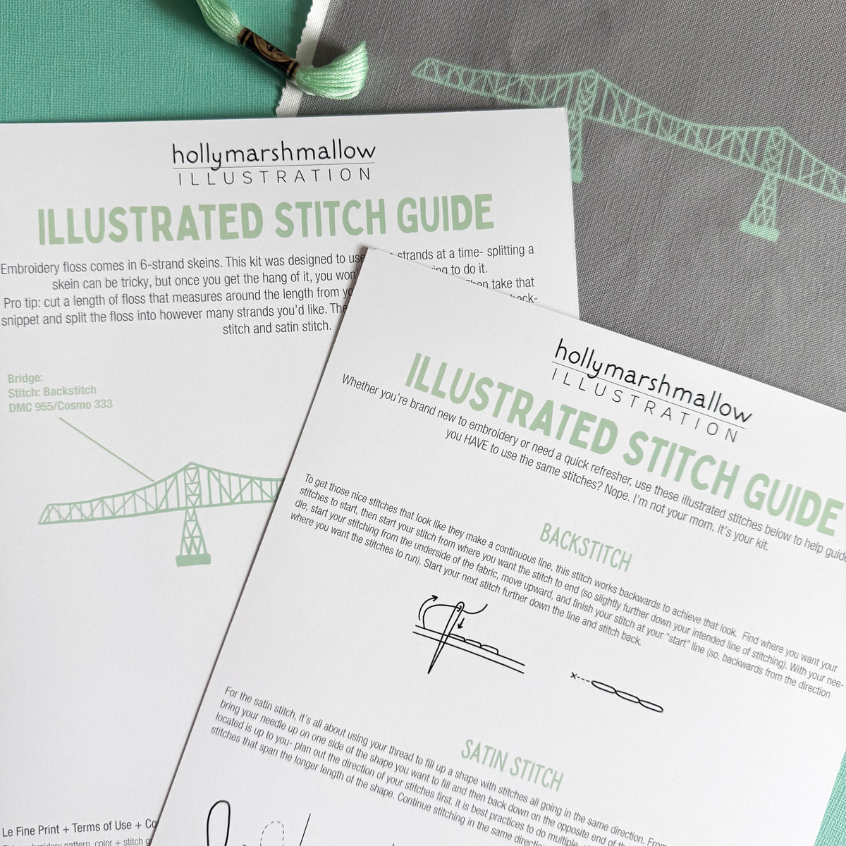 Flatlay of the illustrated stitch guide that comes with the kit. The preprinted fabric is laying under them to the upper right, and the skein of embroidery floss peeks out in the top left corner.