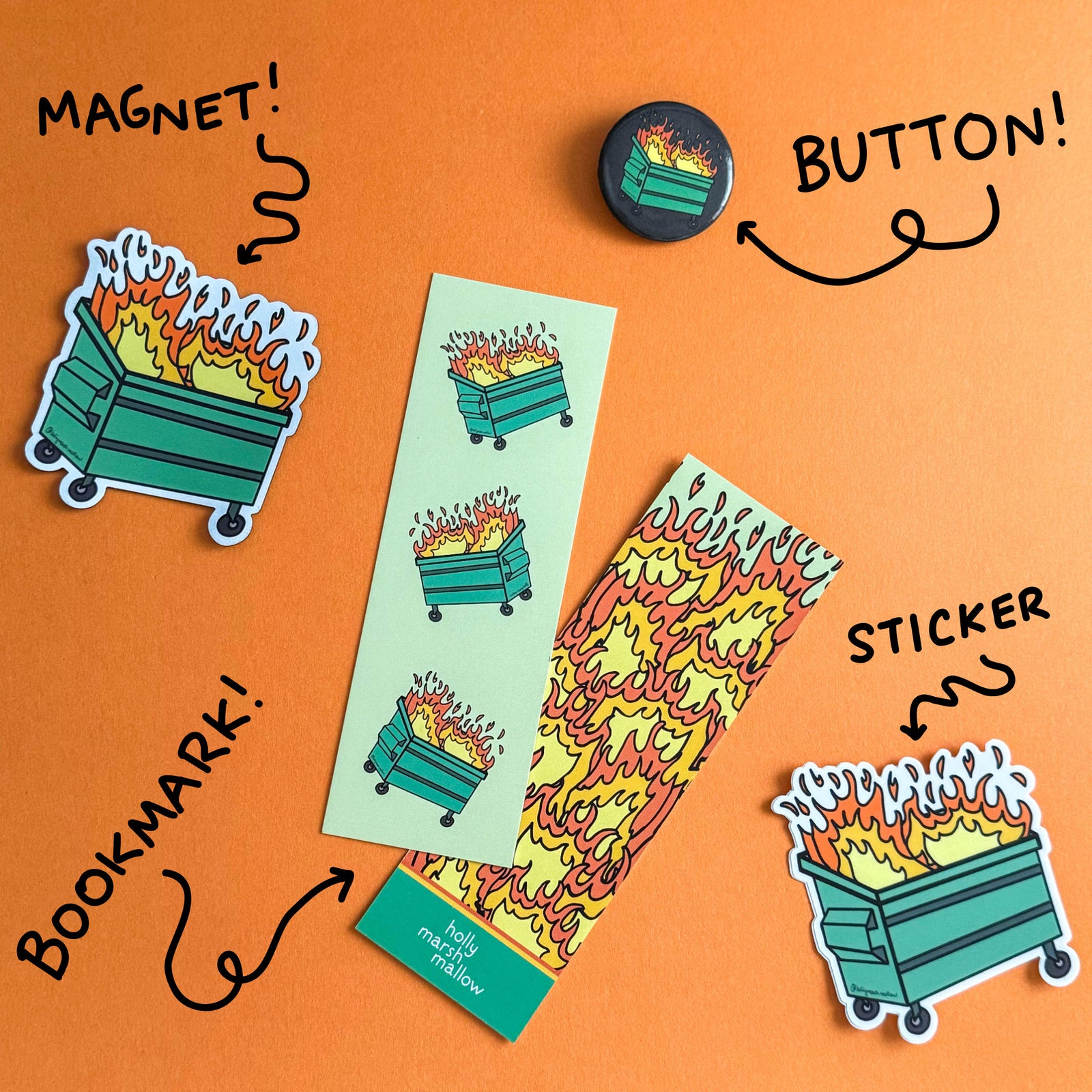 dumpster fire magnet, button, bookmark, and sticker bundle