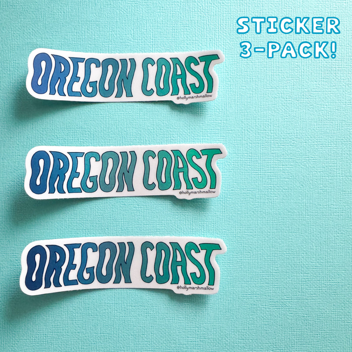 Three 'OREGON COAST' stickers on a teal background with text indicating a 3-pack.