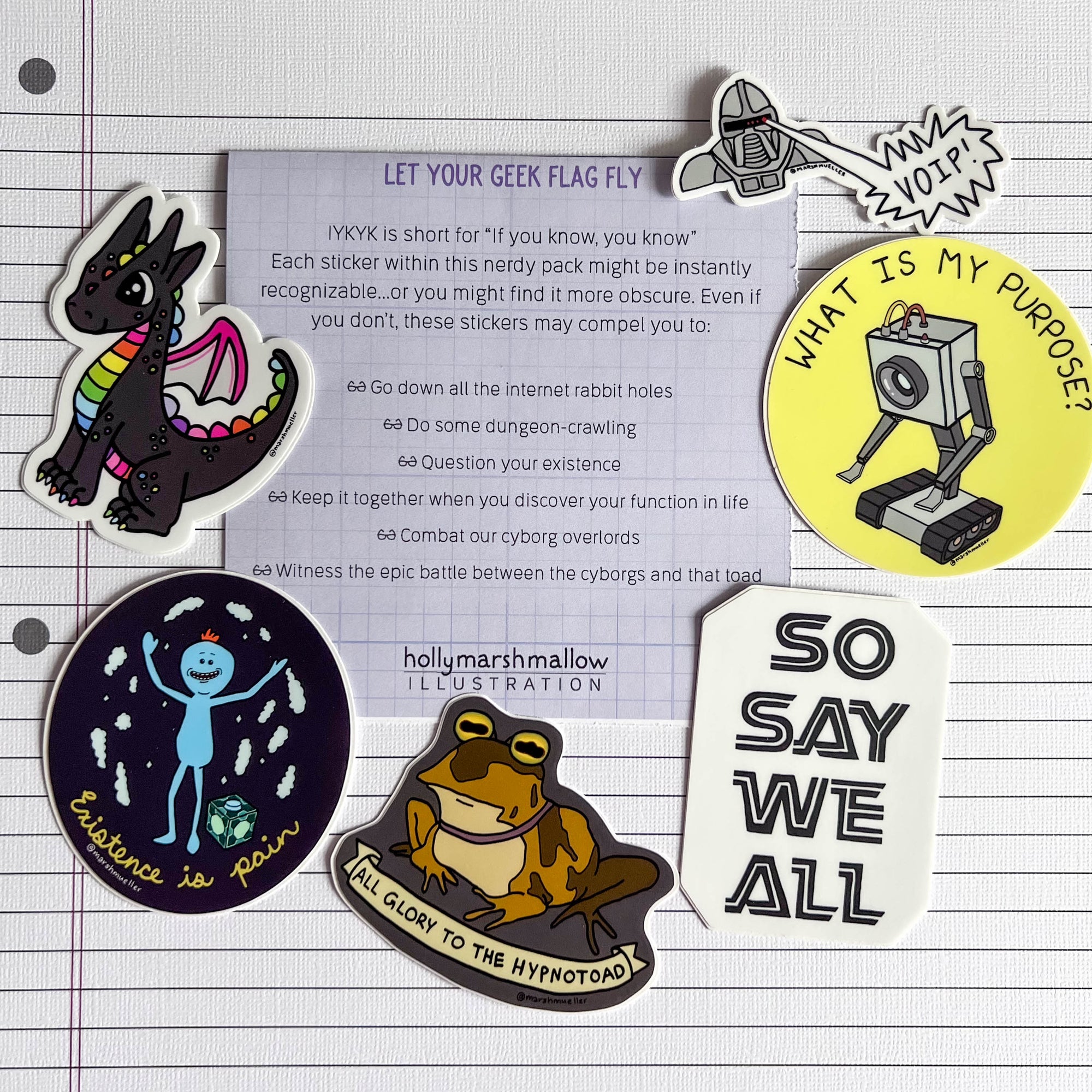 Flatlay of stickers in the IYKYK Sticker Pack, including the backing card