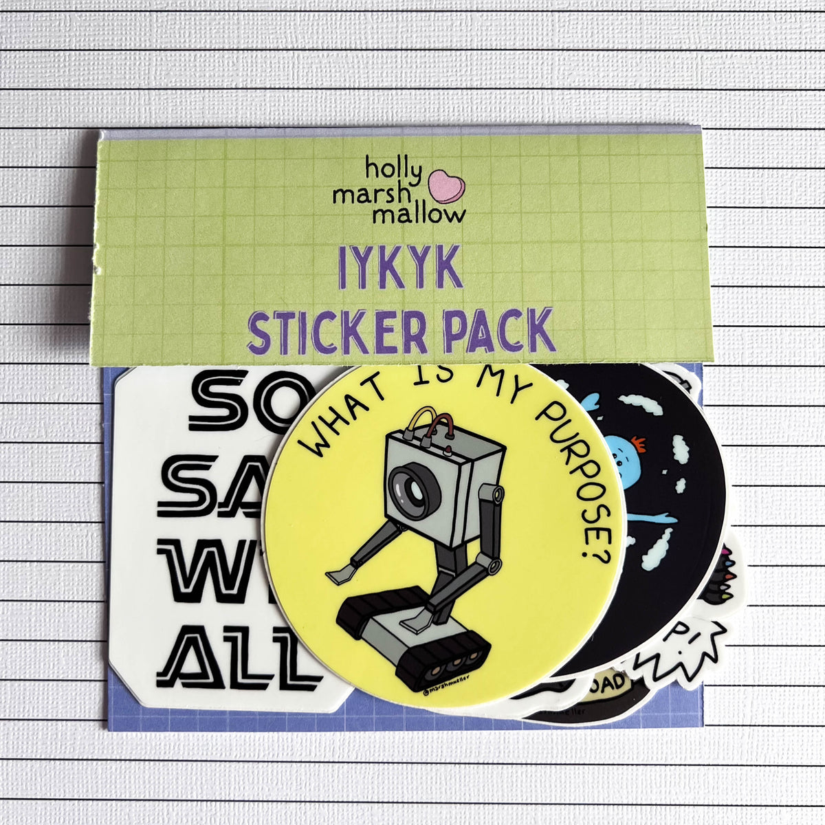 Pack of stickers with a header card titled &quot;IYKYK Sticker Pack&quot;