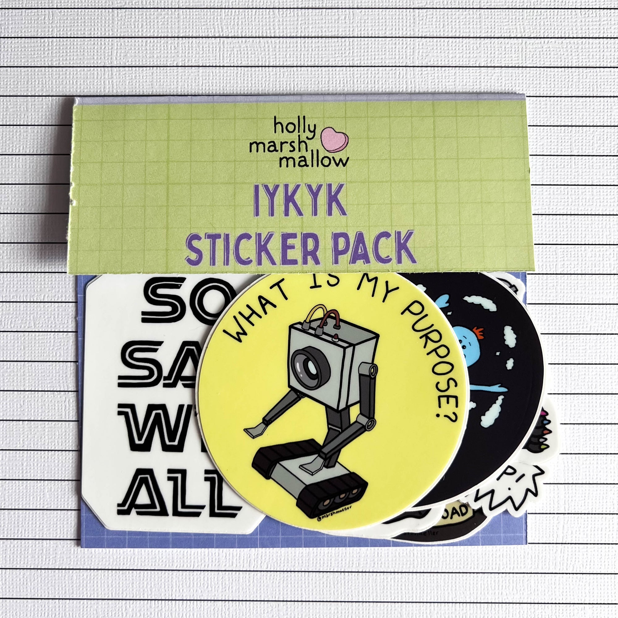 Pack of stickers with a header card titled "IYKYK Sticker Pack"