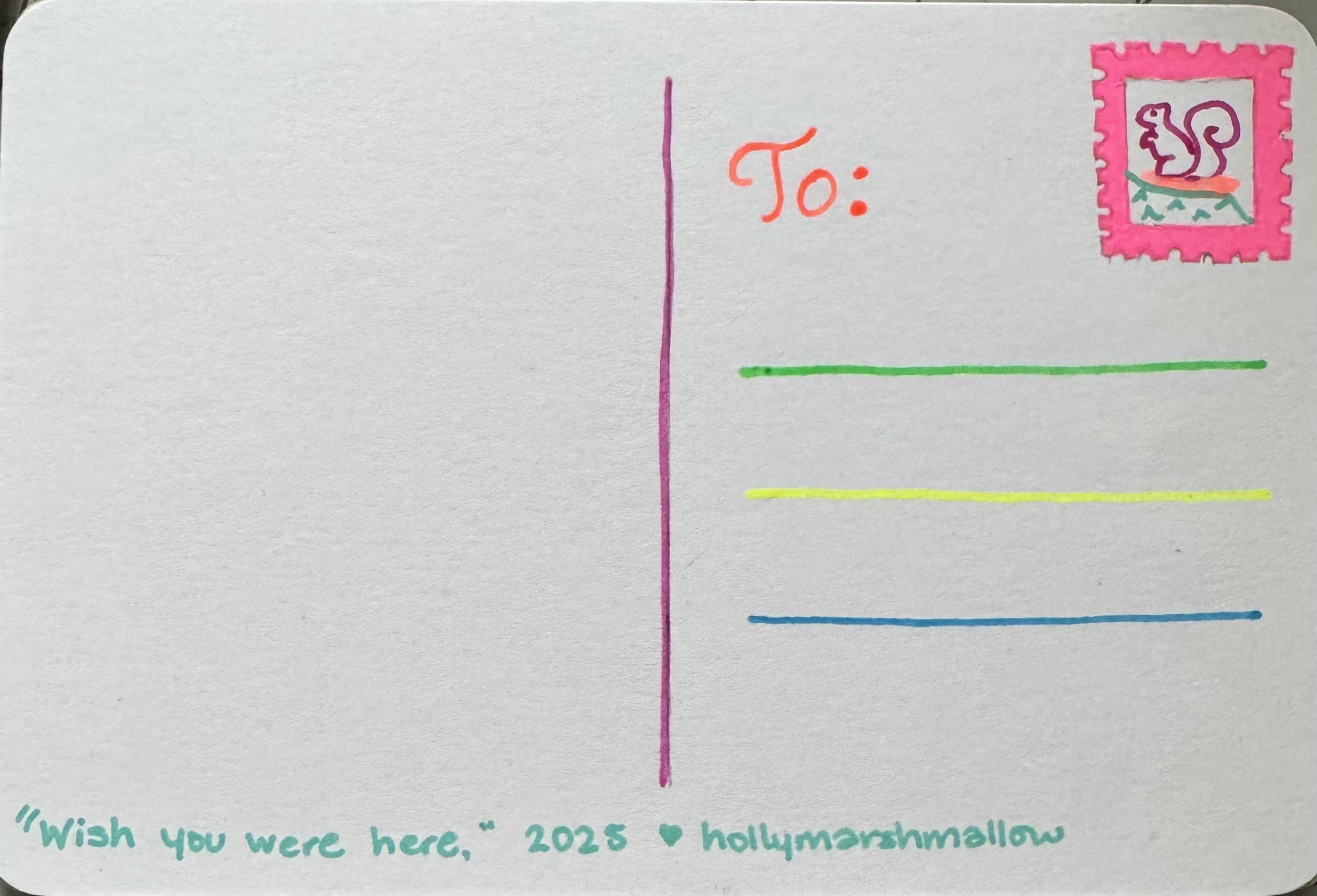 Postcard with colorful text and a decorative stamp on a white background