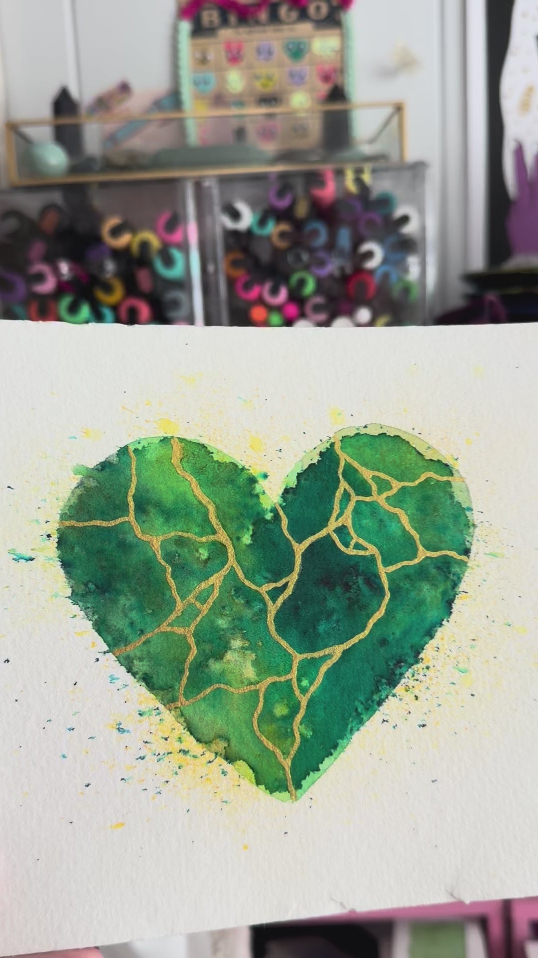 Skipping Like A Stone - Original Painting #92 - 6x8 Green/Gold