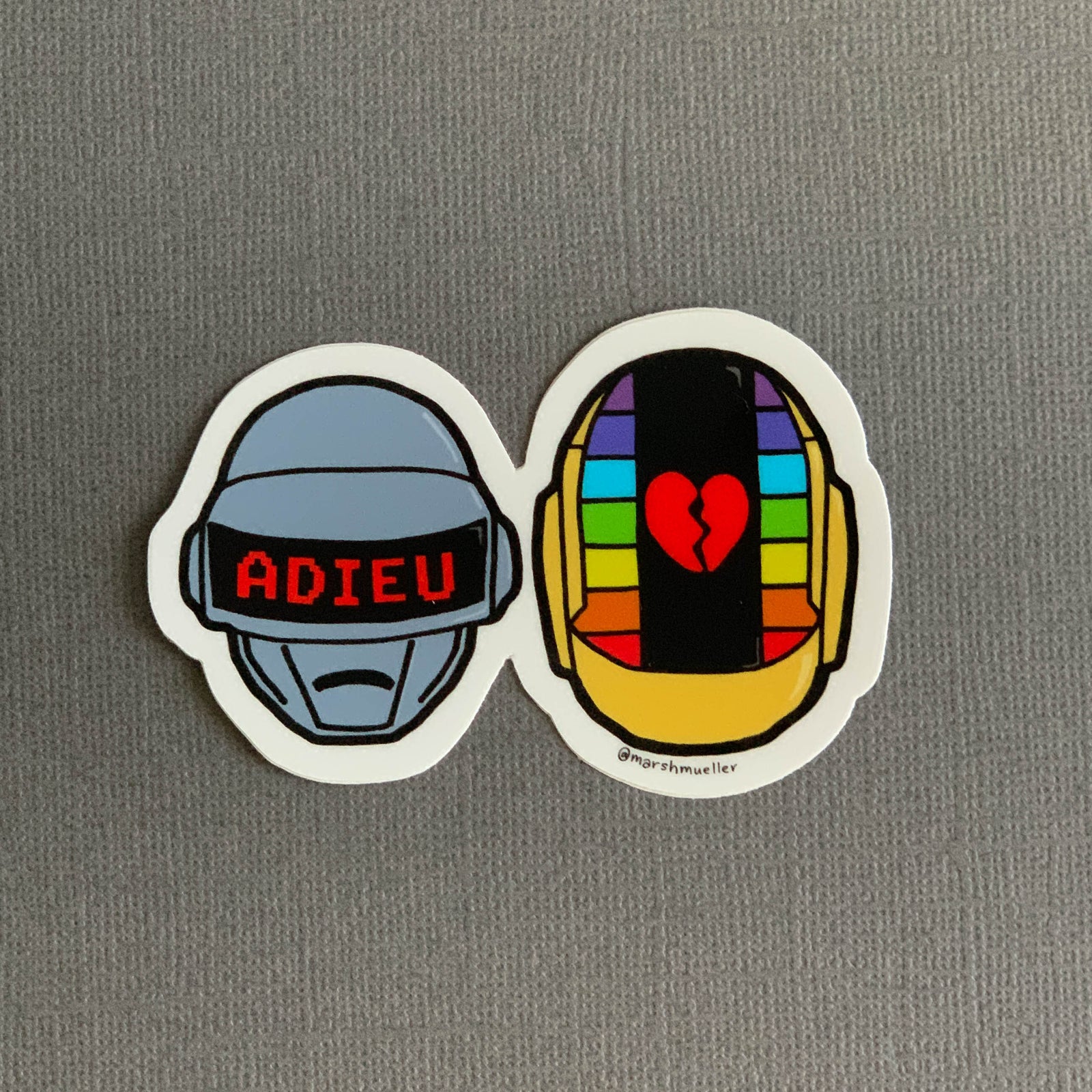 Daft Punk illustrated die cut sticker by Marshmueller on a grey background