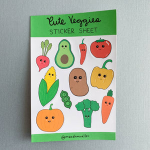 Cute Veggies sticker sheet on a grey background